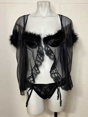Vintage 90s Duet Feather Trim Sexy 3 Piece Lingerie Set Robe Babydoll Top Panty
